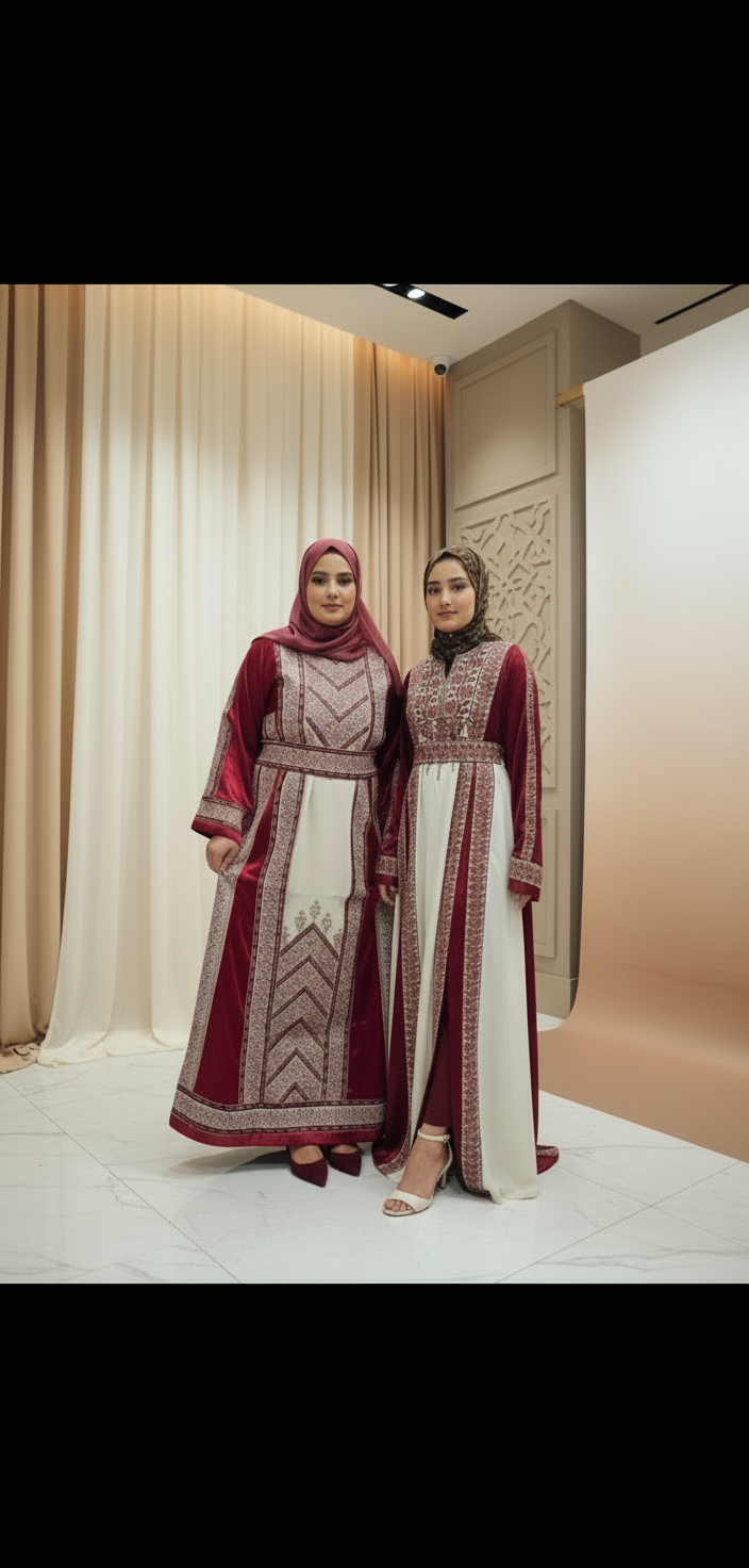 Nabuls Thobe - Burgundy and Beige Traditional Full tatreez back and front Thobe (No veil)