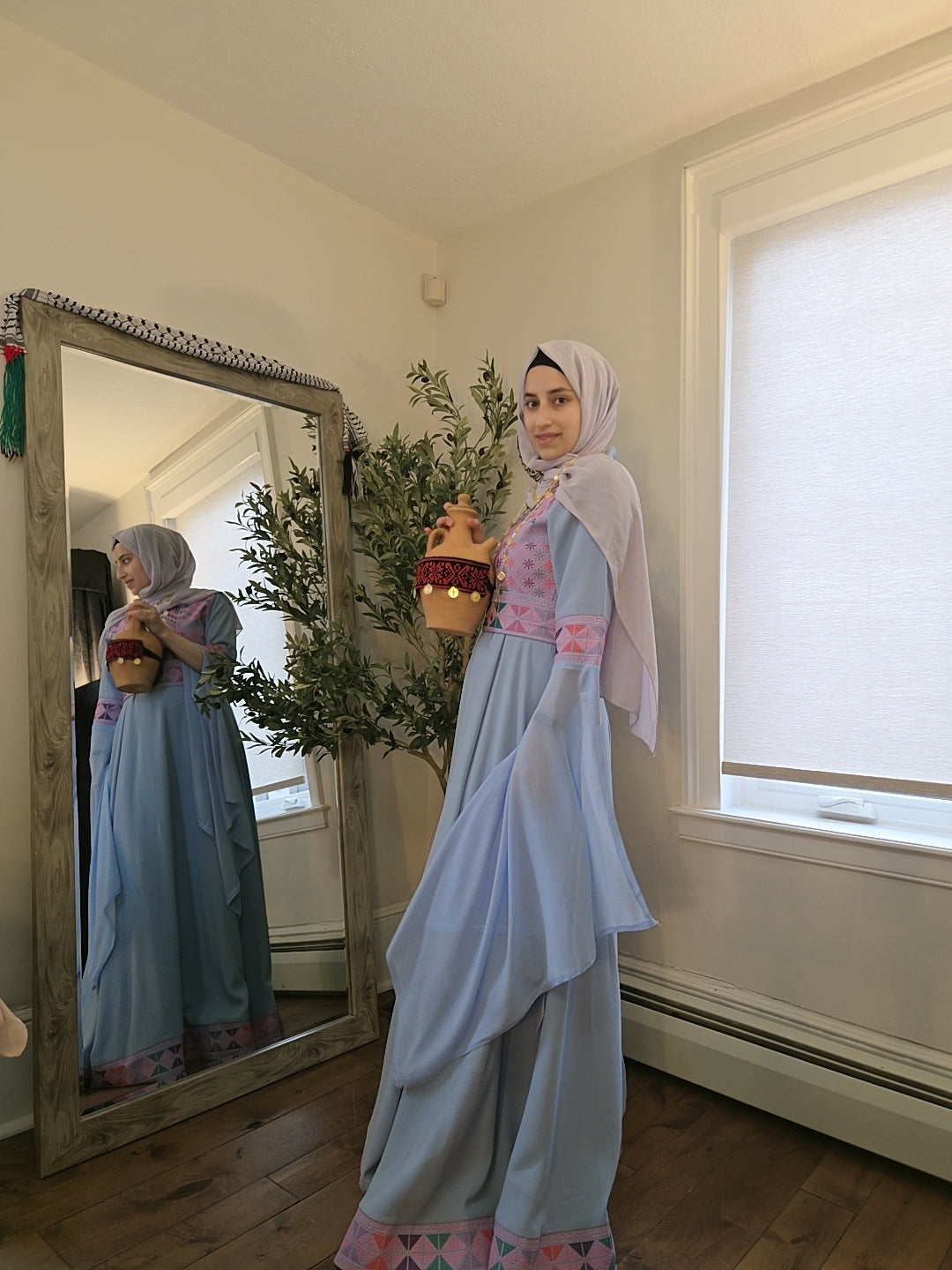 Sara - Blue with Pink Tatreez With Extra Long Sleeve Modern Dress Thobe