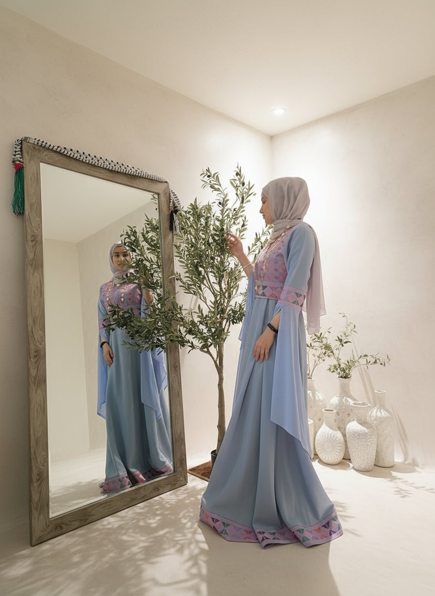Sara - Blue with Pink Tatreez With Extra Long Sleeve Modern Dress Thobe