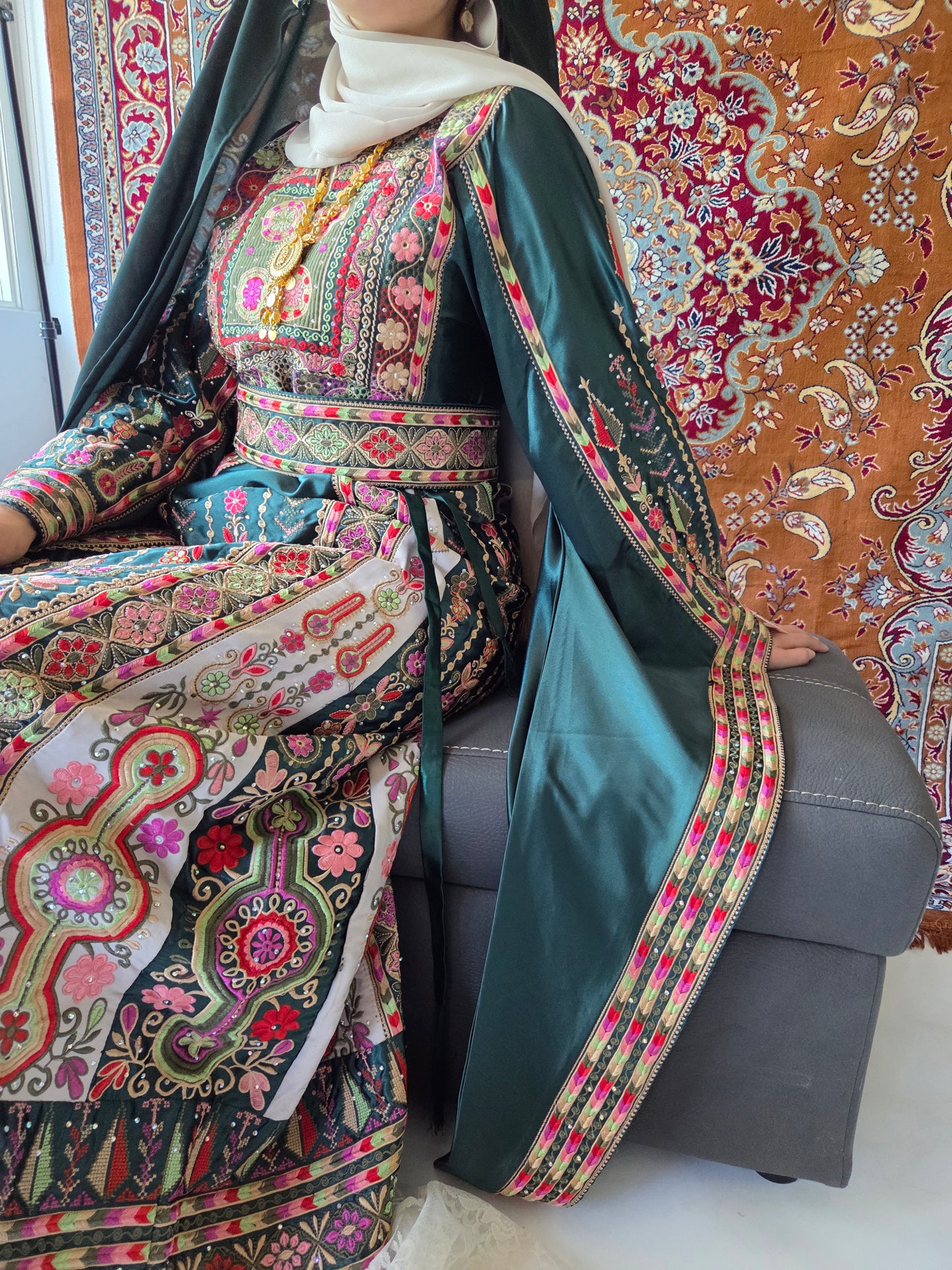 The Celine Thobe - Palestinian Embroidered  Emerald Thobe With Matching Head Veil, Belt & Extra Long Sleeves | Traditional Tatreez Dress