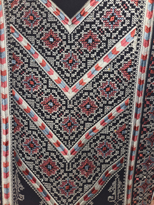 Nablus Thobe - Black & Grey Traditional Palestinian Full Tatreez Back and Front Thobe/ Dress