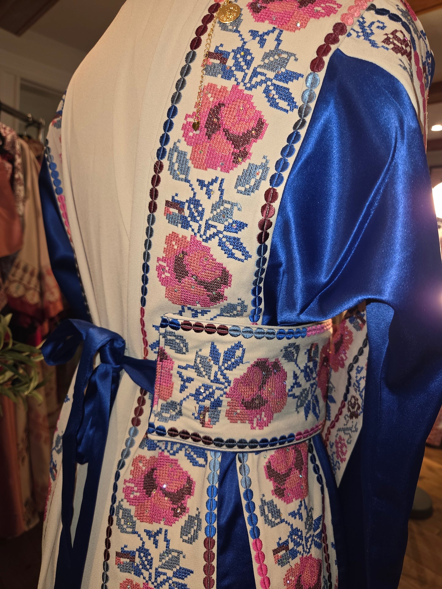 Warda Thobe - Blue & Pink Traditional Full Tatreez Back and Front With Satin Thobe
