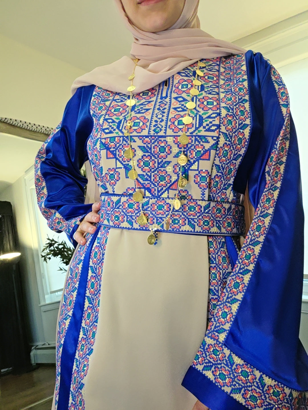 The Poppy Flower Thobe - Bright Blue/Beige With Flowers & Sparkle Traditional Long Sleeve Full Embroidered Palestinian Thobe/Dress