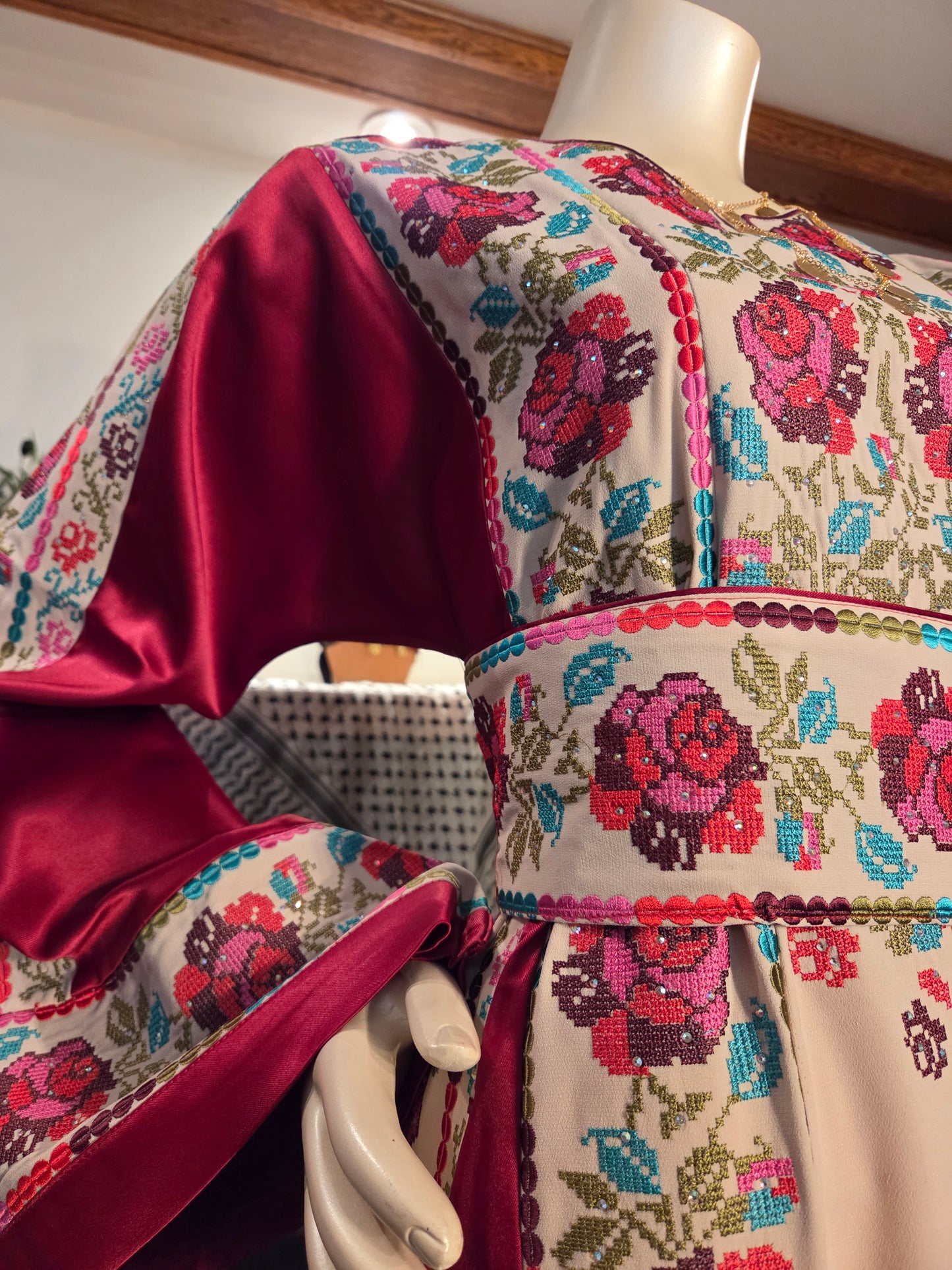 Warda Thobe - Burgundy Traditional Full Tatreez Back and Front With Satin Thobe