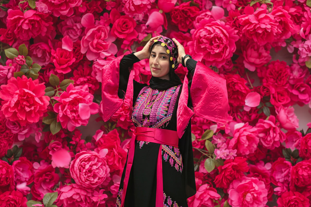 The Asia Thobe Black & Hot Pink Modern Full tatreez & Satin back and front Thobe With Matching head Veil