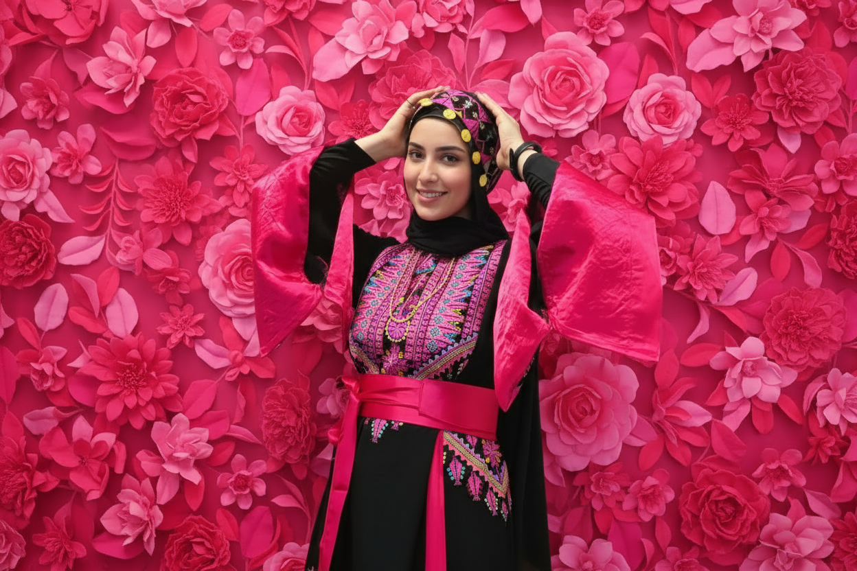 The Asia Thobe Black & Hot Pink Modern Full tatreez & Satin back and front Thobe With Matching head Veil