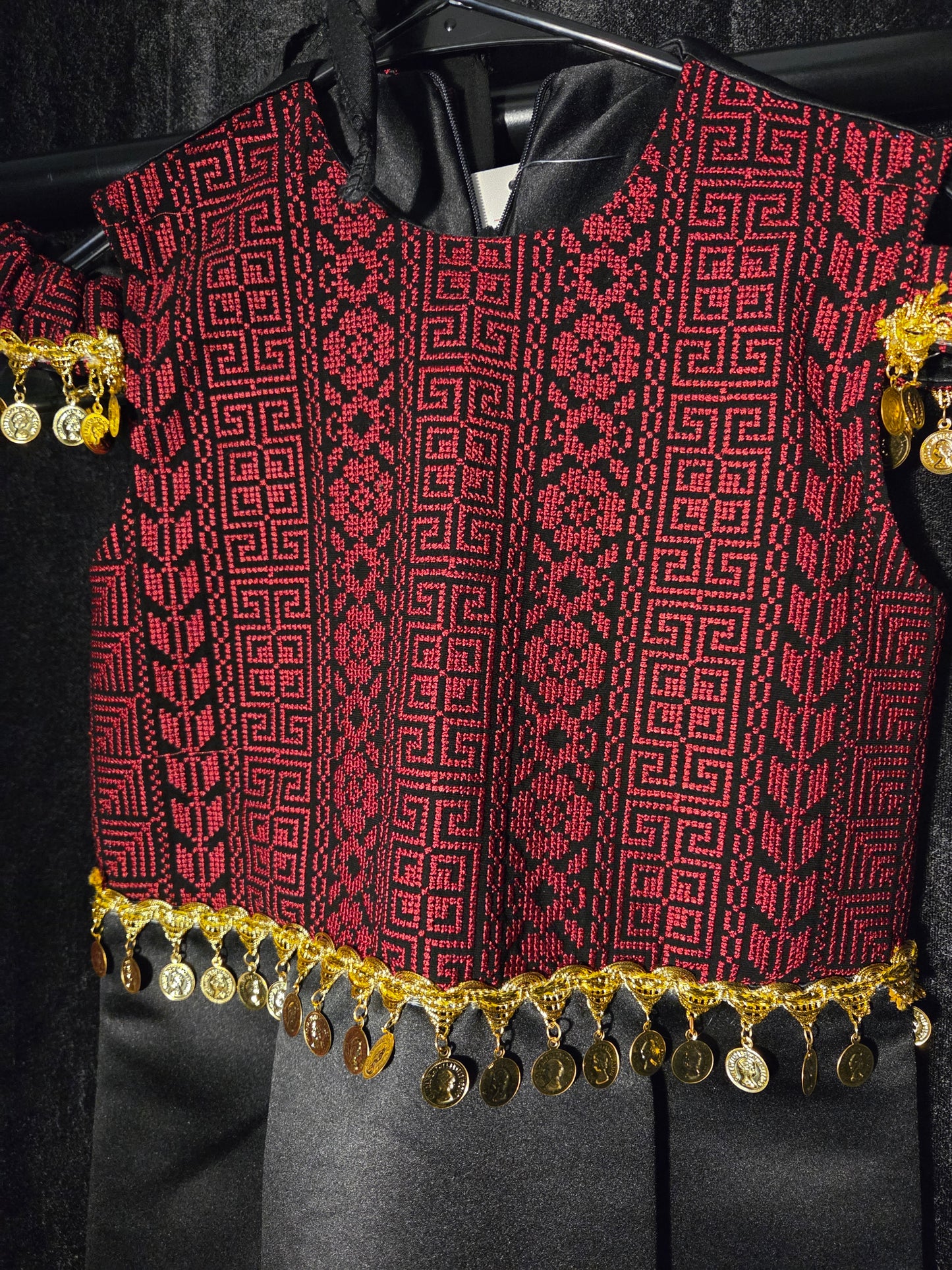 Kids Black & Pink Sleeveless Full Embroidered Palestinian Thobe with head Veil