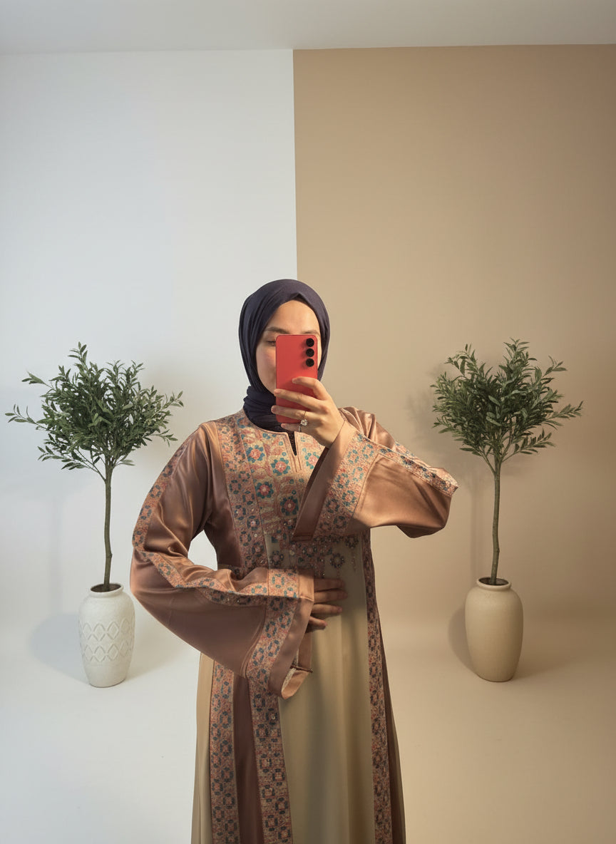 The Poppy Flower Thobe - Light Pink/Beige With Flowers & Sparkle Traditional Long Sleeve Full Embroidered Palestinian Thobe/Dress