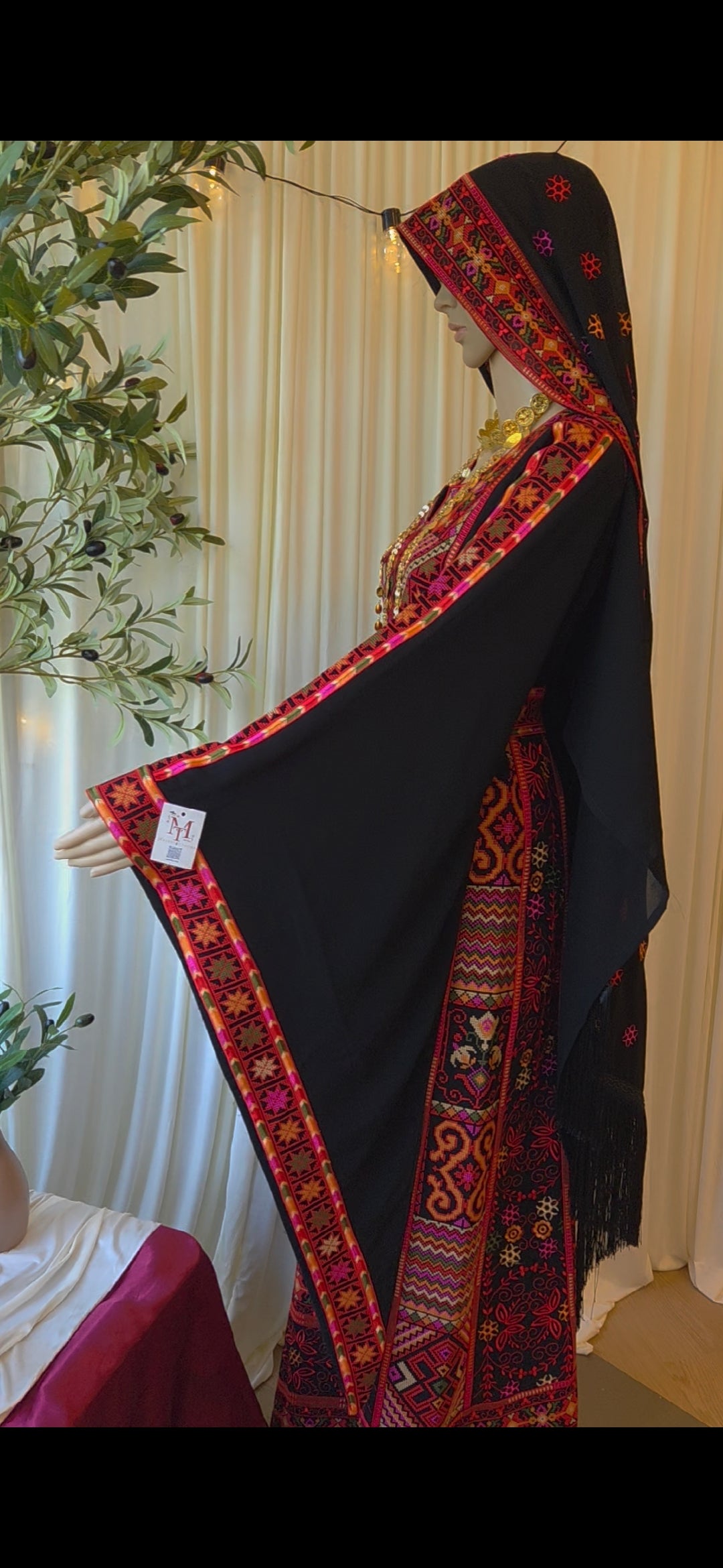 The Carmen Thobe - Palestinian Embroidered Black & Red Thobe with Matching Head Veil, Belt & Extra Long Sleeves | Traditional Tatreez Dress