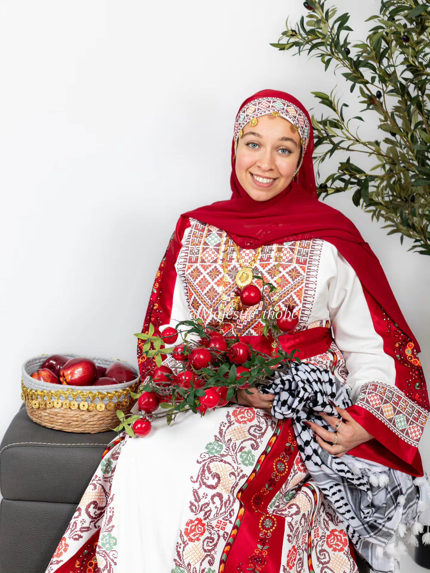 The Nisma Thobe - Bridal White and Red Traditional Full tatreez Back and Front Thobe With Matching Head Veil