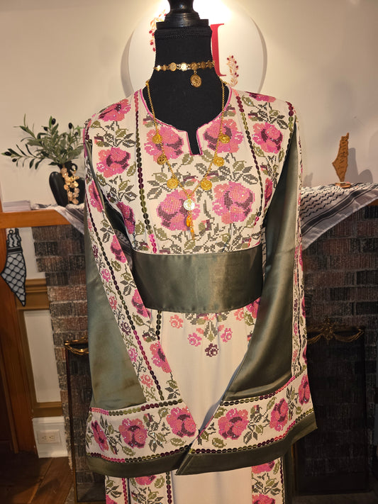 Warda Thobe - Green & Pink Traditional Full Tatreez Back and Front With Satin Thobe
