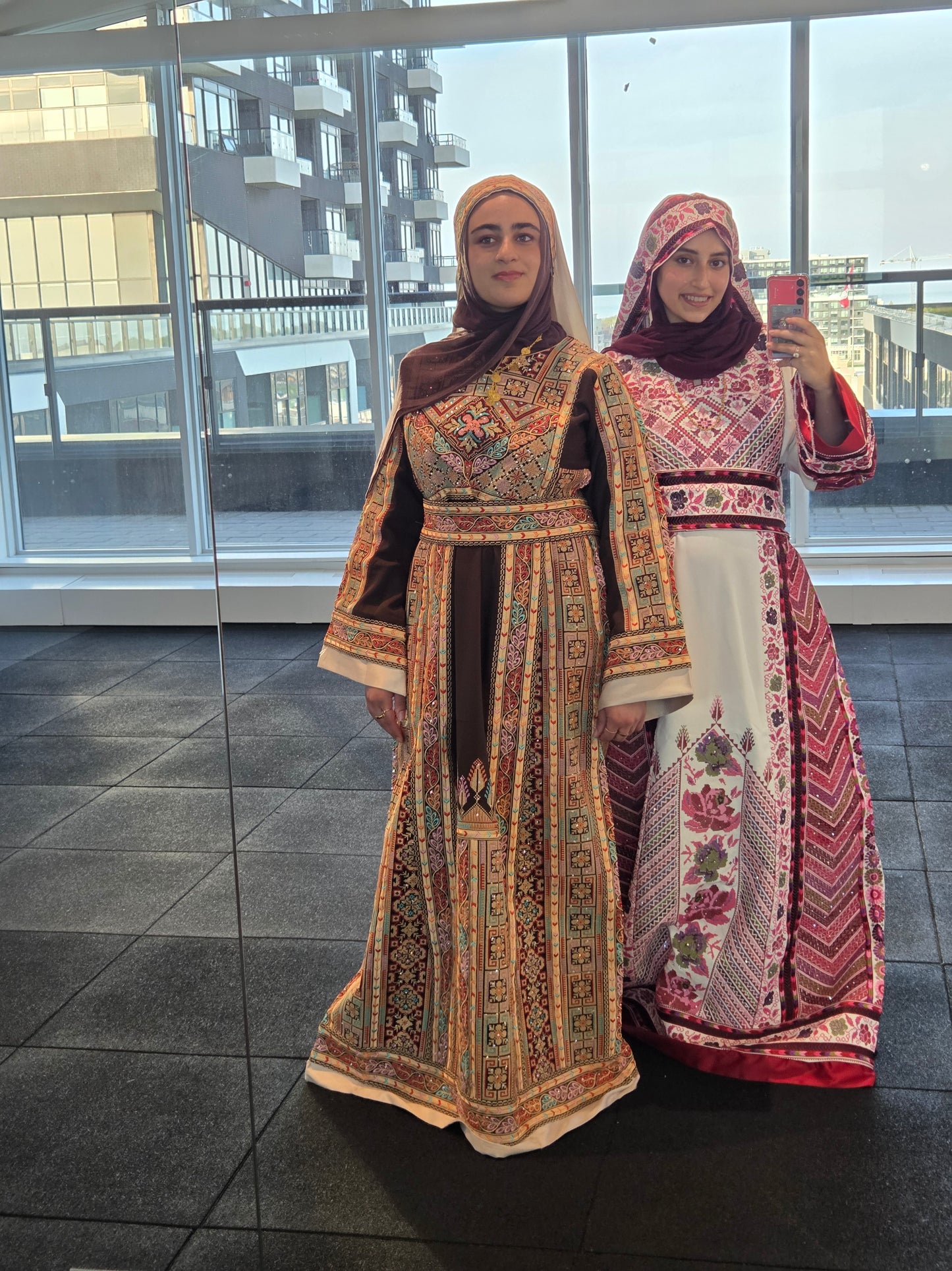 Shaima Thobe Brown Traditional Full Tatreez Back and Front Thobe With Matching head Veil