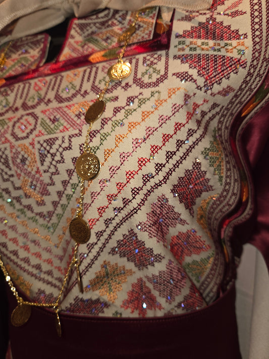 Ella Thobe Bridal Diamond Traditional Full tatreez back and front Thobe With Matching head Veil