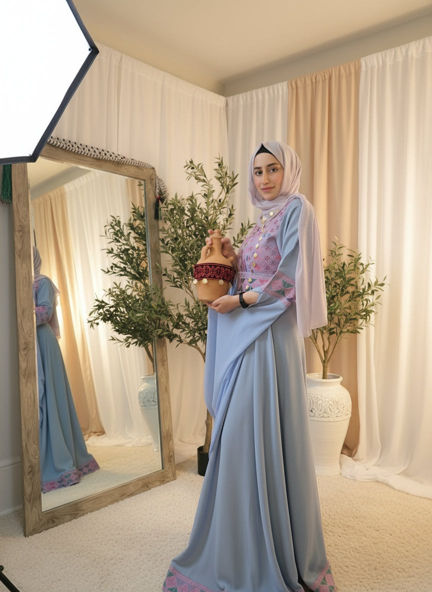 Sara - Blue with Pink Tatreez With Extra Long Sleeve Modern Dress Thobe