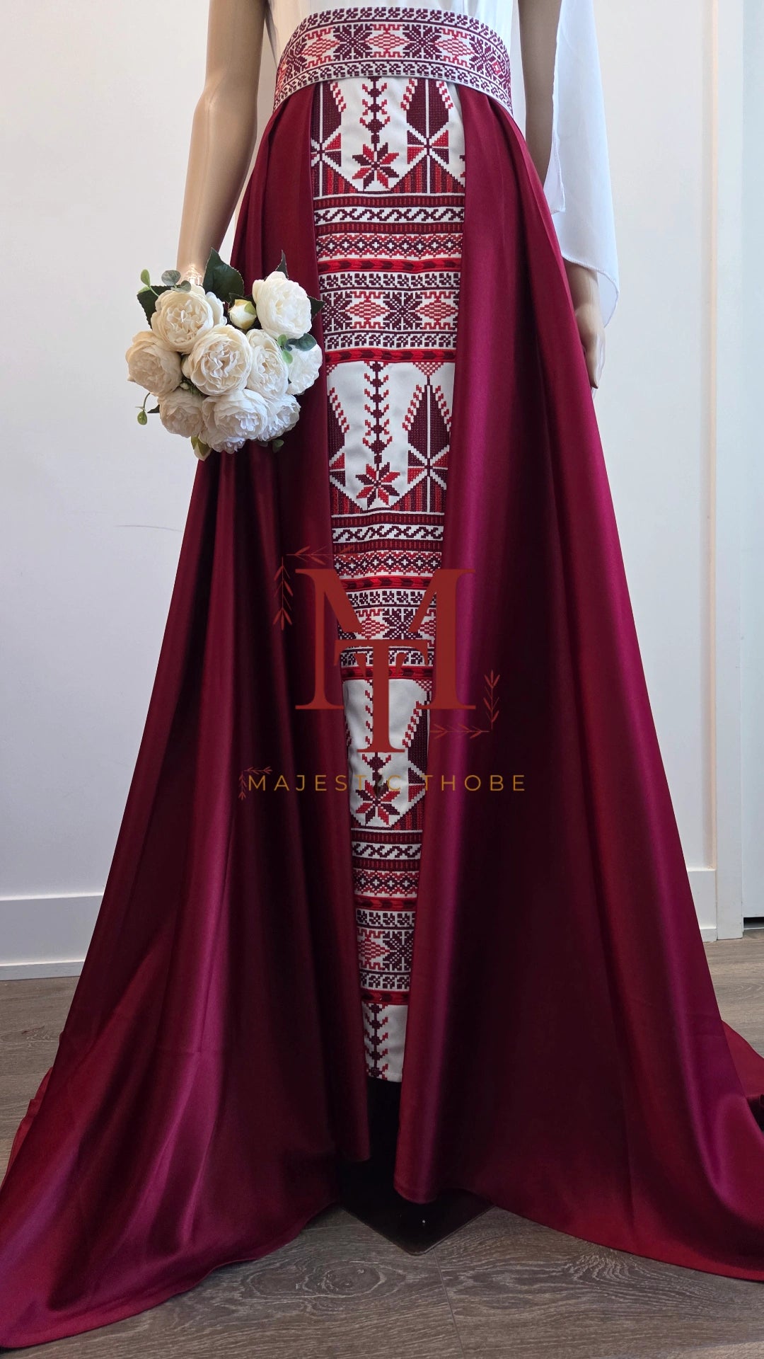 'Yaffa Thobe - Burgundy and White Bridal sleeveless Off Shoulder Long Train Thobe Dress (Embroidered Tatreez Palestinian Jordanian Thobe)