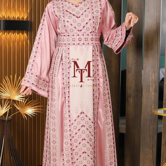 Nabuls Thobe - Pink and Beige Traditional Full tatreez back and front Thobe