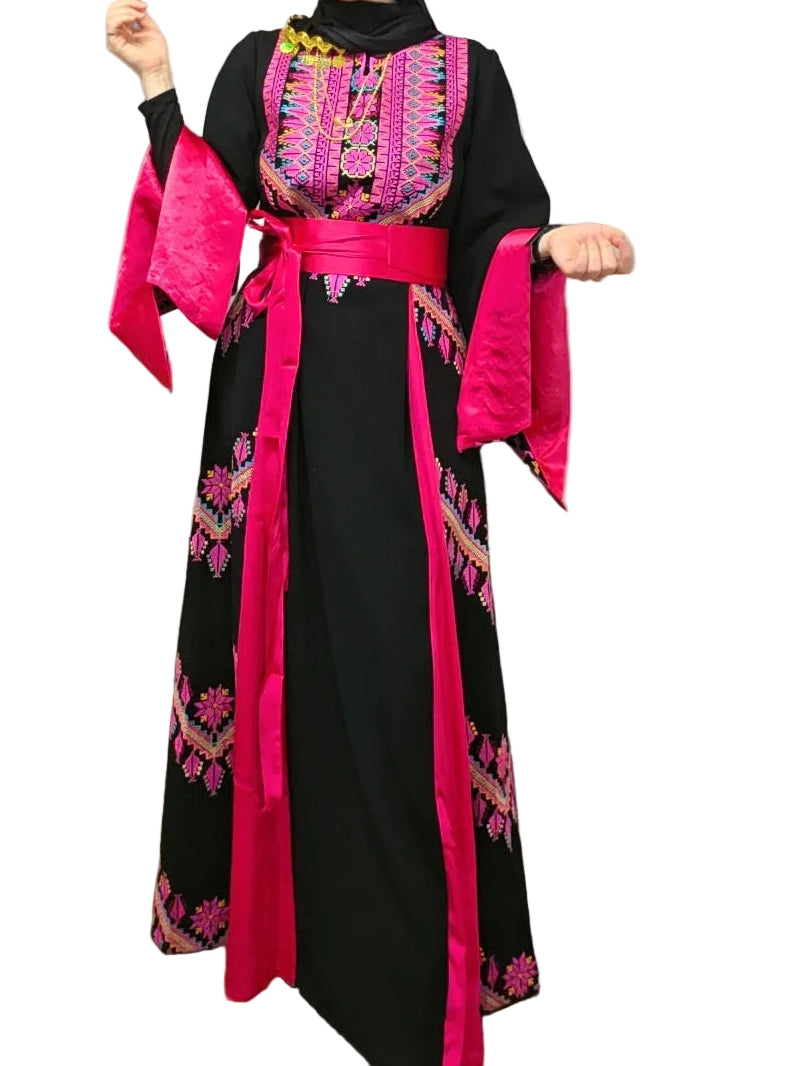 The Asia Thobe Black & Hot Pink Modern Full tatreez & Satin back and front Thobe With Matching head Veil