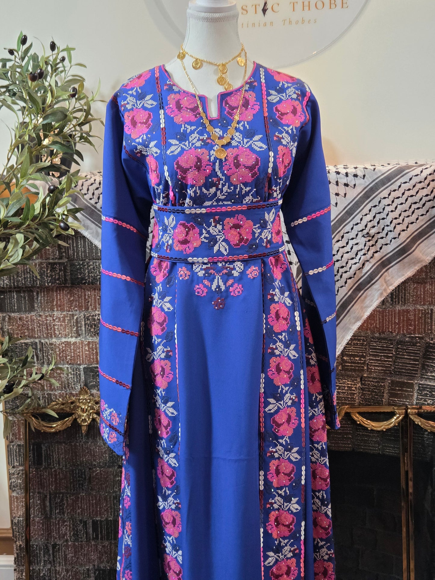 Warda Thobe - Full Blue Traditional Full Tatreez Back and Front With Satin Thobe