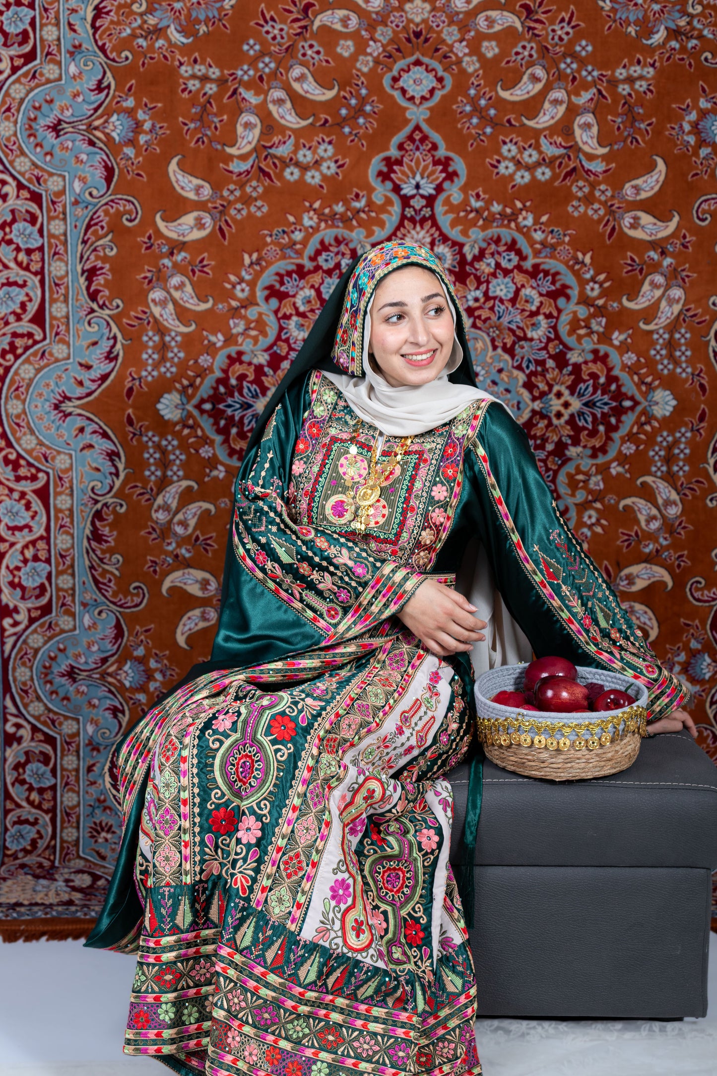 The Celine Thobe - Palestinian Embroidered  Emerald Thobe With Matching Head Veil, Belt & Extra Long Sleeves | Traditional Tatreez Dress