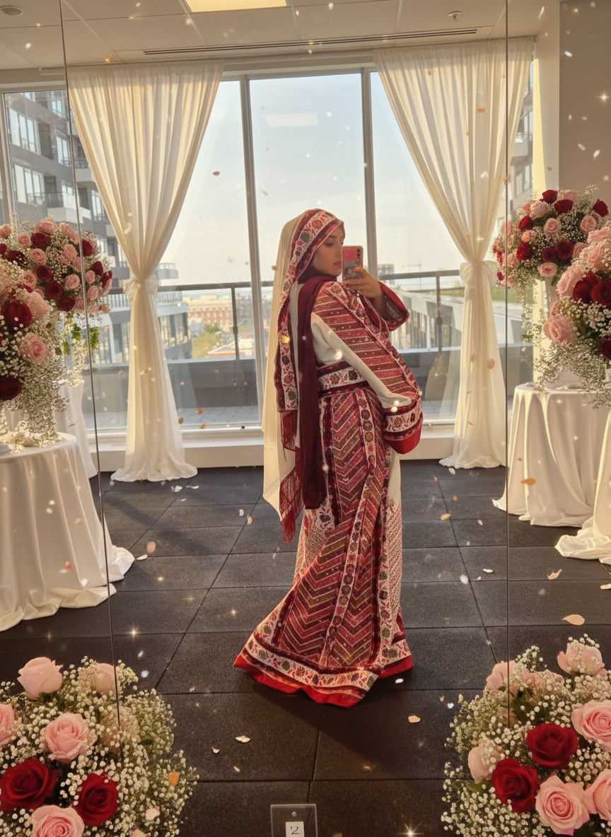 Flora Thobe Floral Traditional Full Tatreez back and front Thobe With Veil