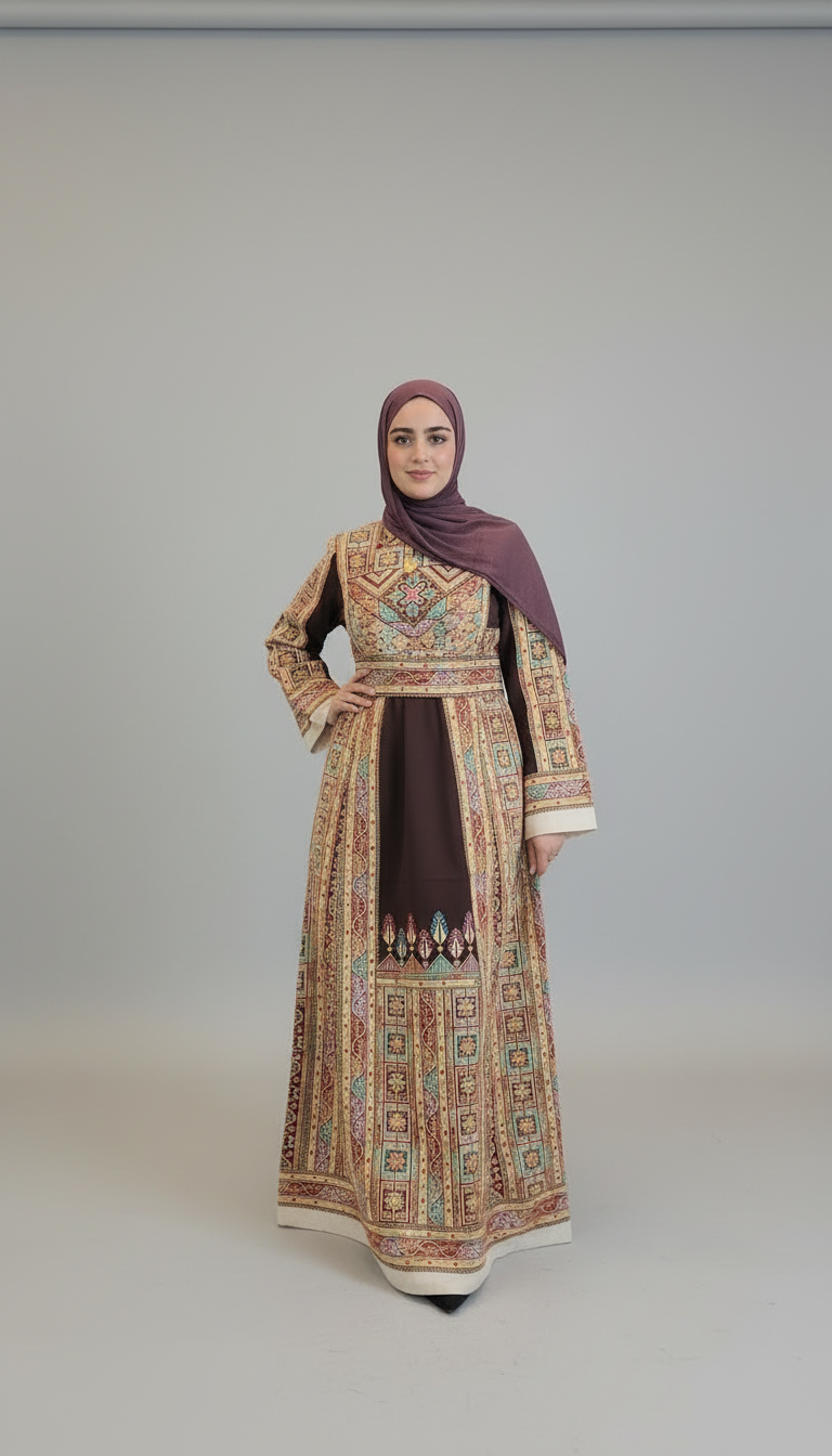 Shaima Thobe Brown Traditional Full Tatreez Back and Front Thobe With Matching head Veil