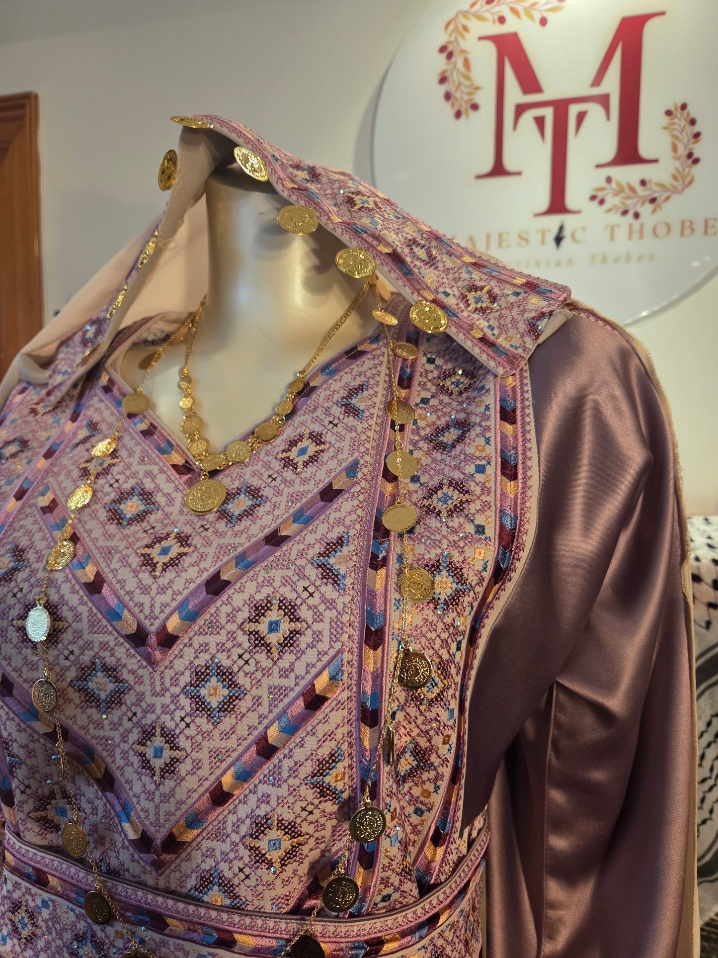 Nabuls Thobe - Lilac and Beige Traditional Full Tatreez Thobe ( No veil)
