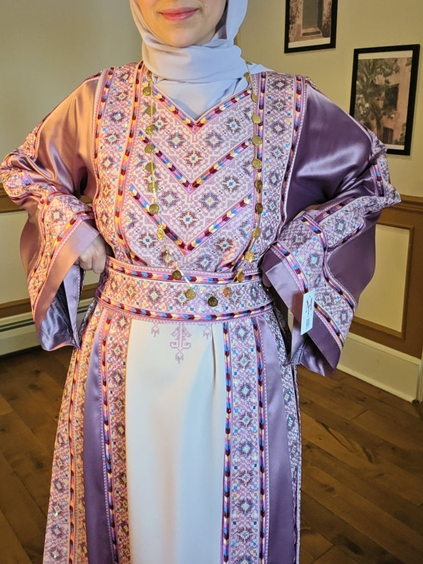 Nabuls Thobe - Lilac and Beige Traditional Full Tatreez Thobe ( No veil)