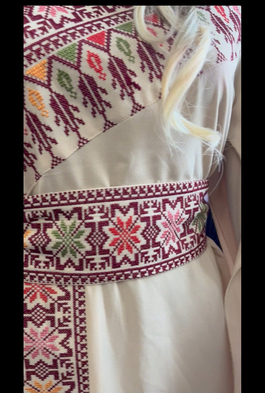 Beige Tatreez One Shoulder Embroidery Palestinian Thobe - Al Jerusalem