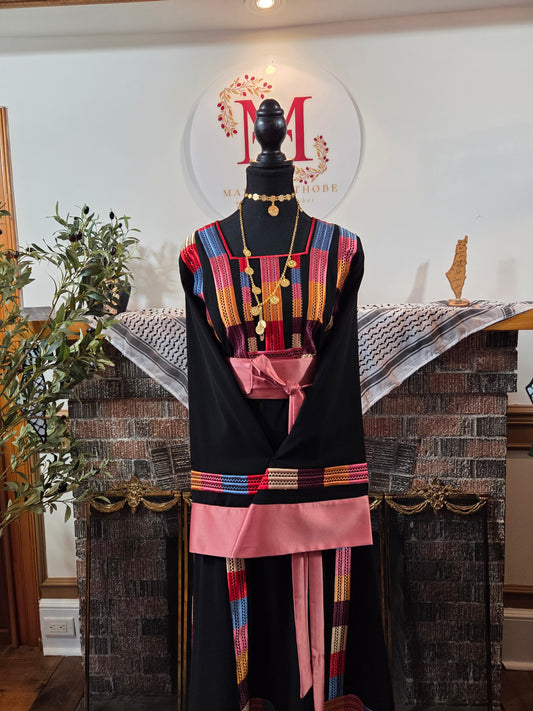 Lara Thobe - Multicolor Satin Pink Sleeve Thobe Tatreez Thobe