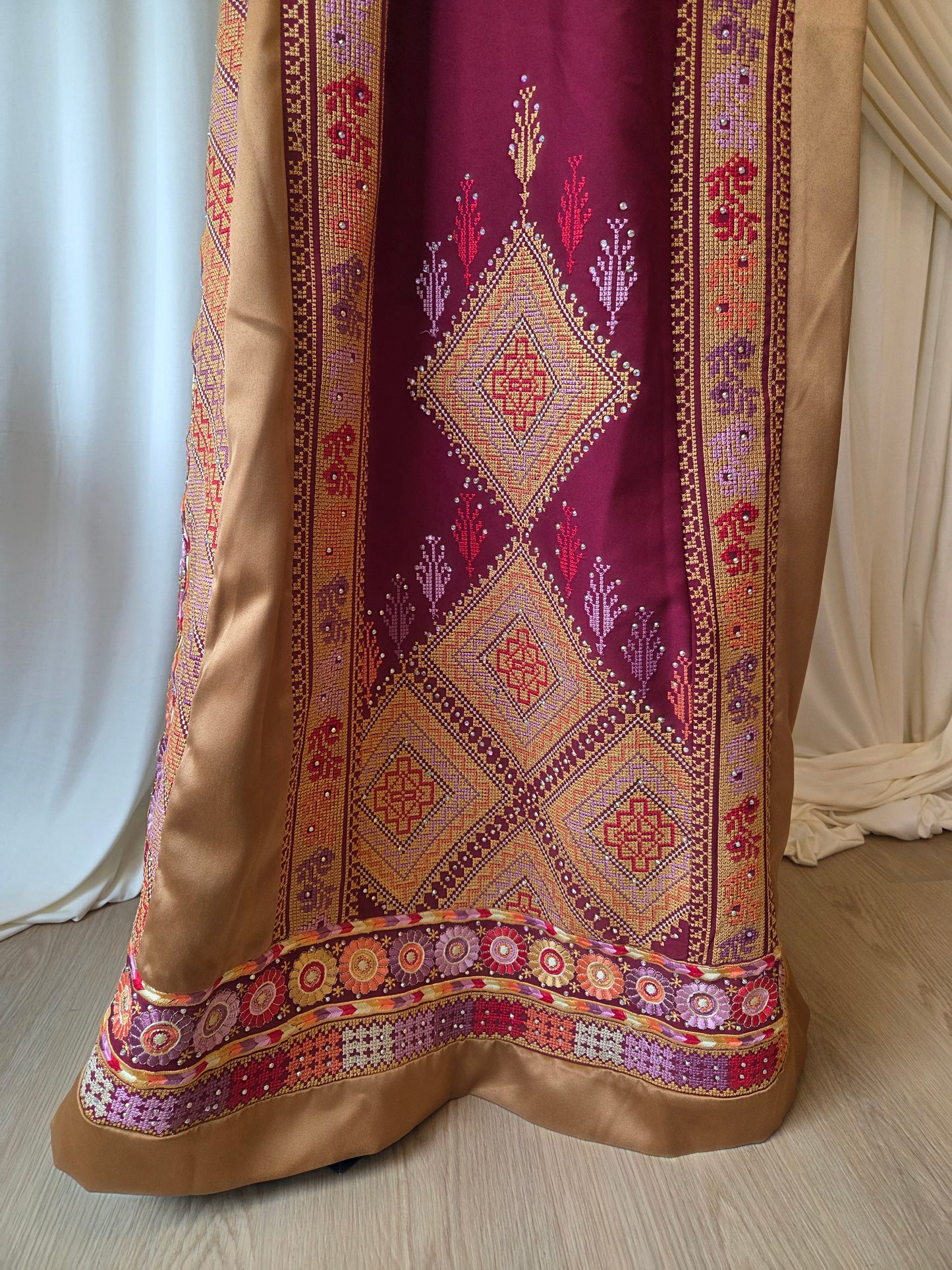 Naya Thobe - Burgundy and Gold Embroidered Tatreez Thobe with Matching Head Veil (Palestinian Thobe/ Dress)