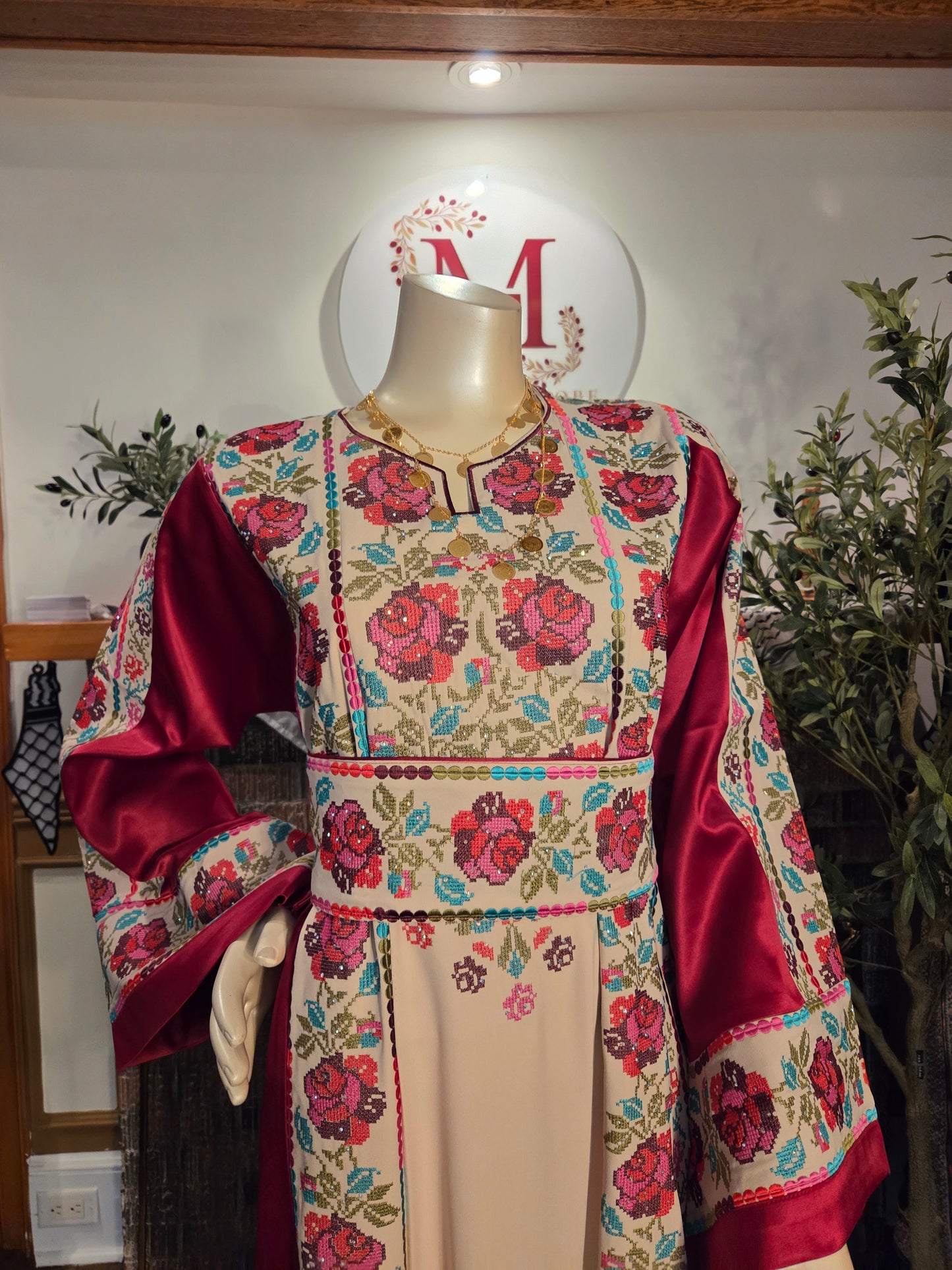 Warda Thobe - Burgundy Traditional Full Tatreez Back and Front With Satin Thobe