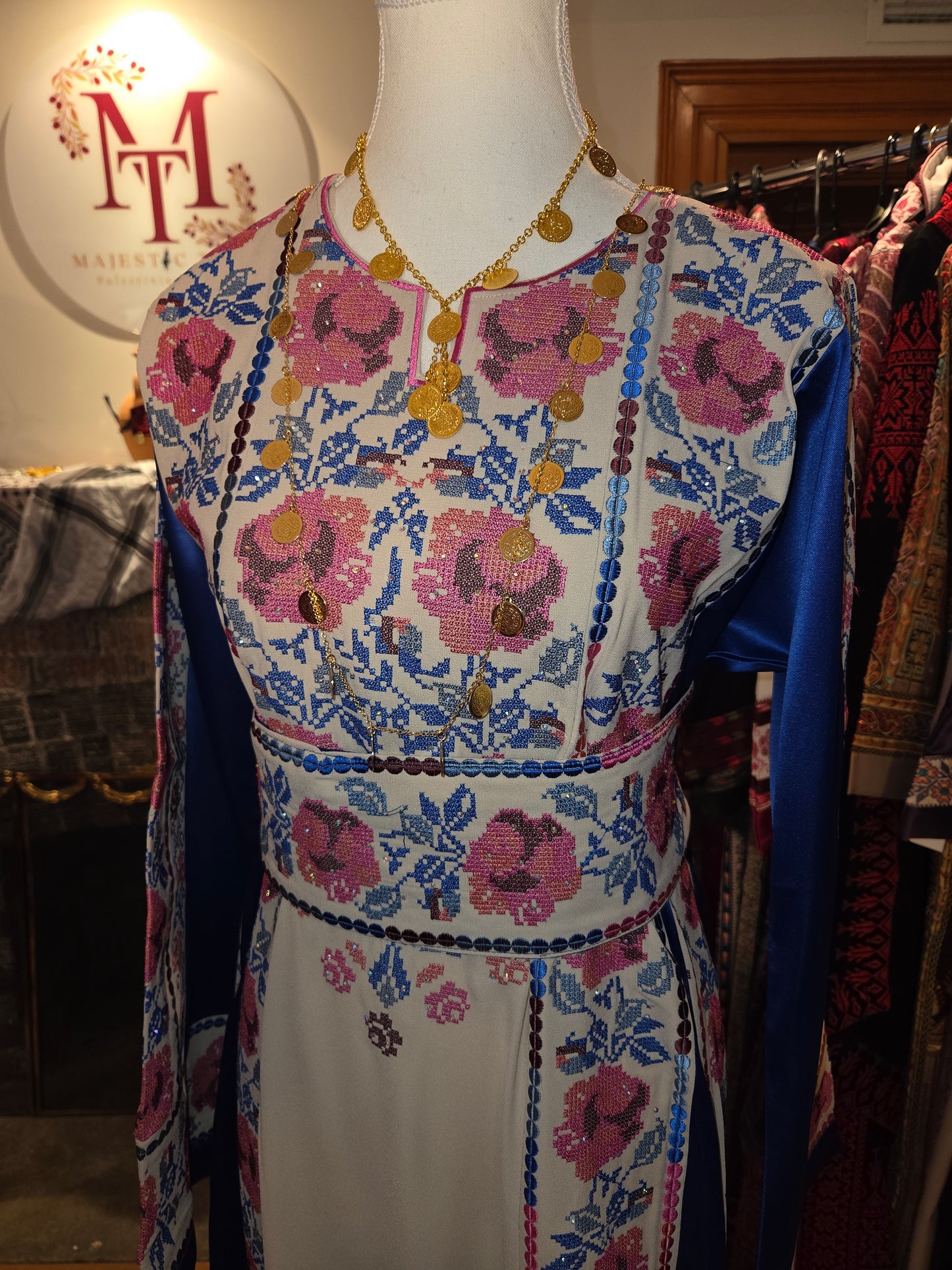 Warda Thobe - Blue & Pink Traditional Full Tatreez Back and Front With Satin Thobe
