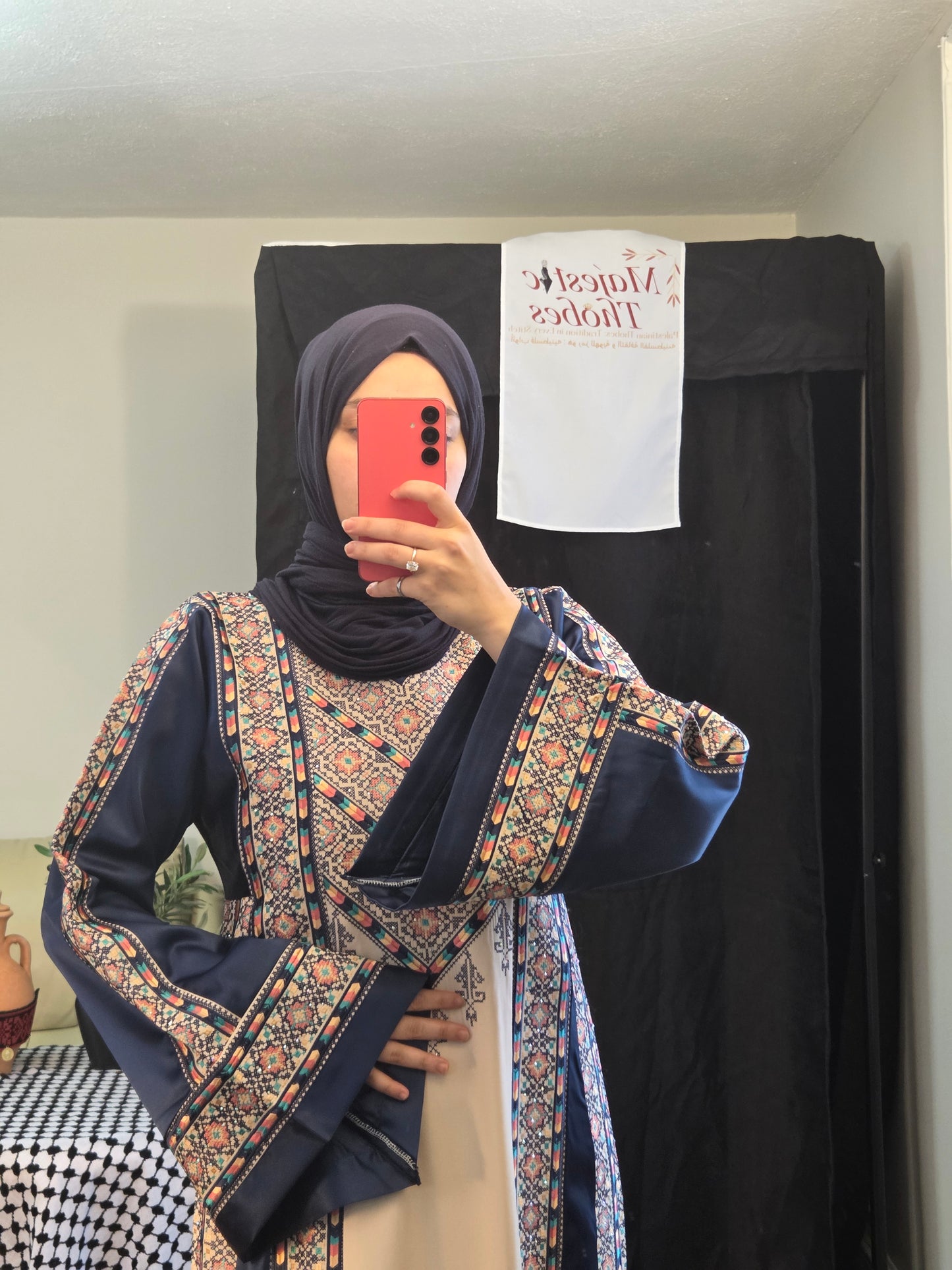 Nabuls Thobe - Navy and Beige Traditional Full tatreez back and front Thobe ( No veil)