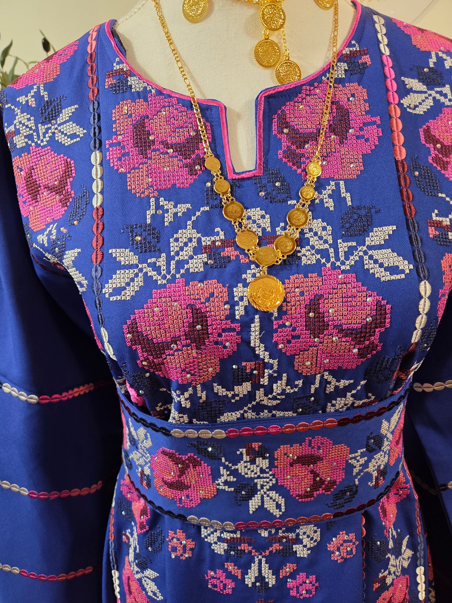 Warda Thobe - Full Blue Traditional Full Tatreez Back and Front With Satin Thobe