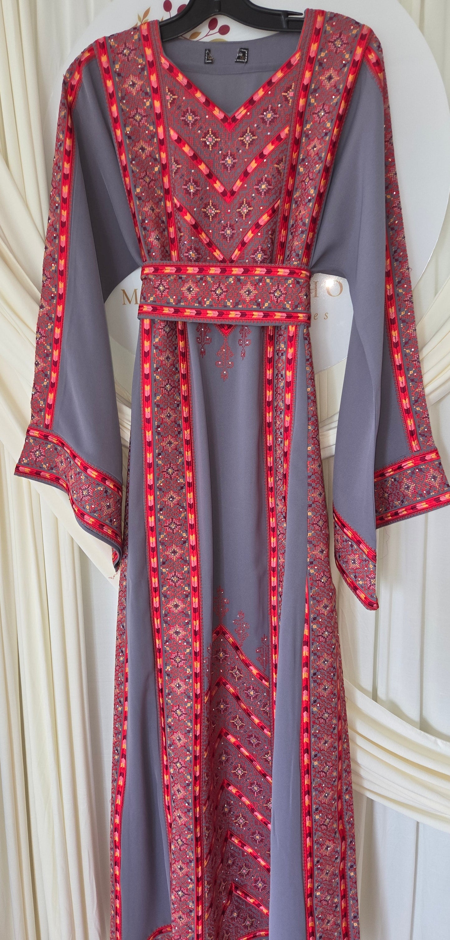 The Nablus Thobe - Orange & Grey Traditional Palestinian Full Tatreez Back and Front Thobe/ Dress