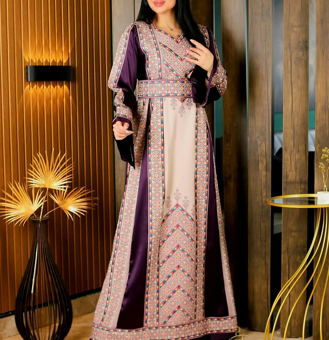 Nabuls Thobe - Purple and Beige Traditional Full tatreez back and front Thobe (No veil)