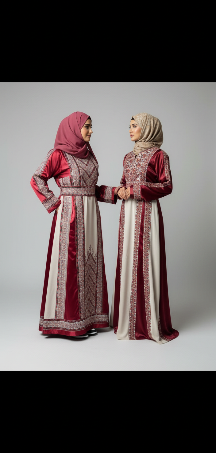 Nabuls Thobe - Burgundy and Beige Traditional Full tatreez back and front Thobe (No veil)