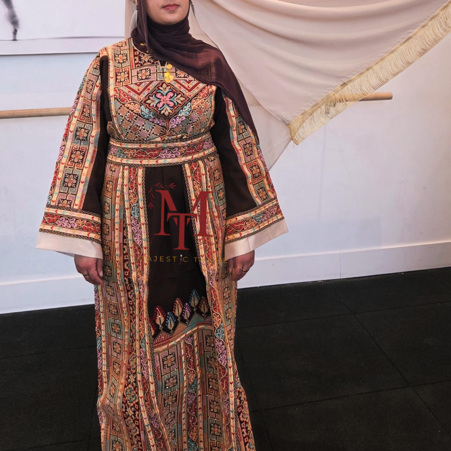 The Shaima Thobe - Brown & Beige Traditional Full Tatreez Back and Front Thobe With Matching head Veil
