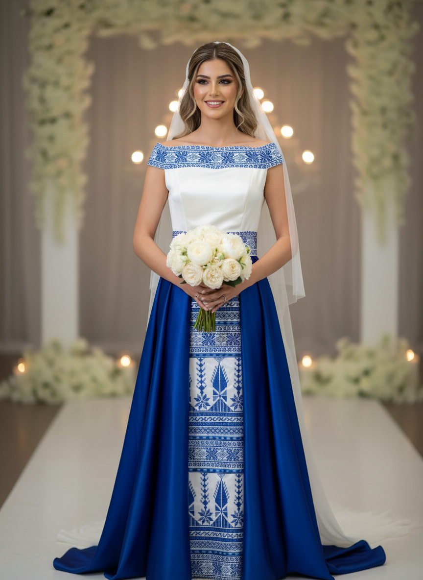 Yaffa Thobe - Blue and White Bridal sleeveless long Tail Thobe dress (Embroidered Tatreez Palestinian Jordanian Thobe)