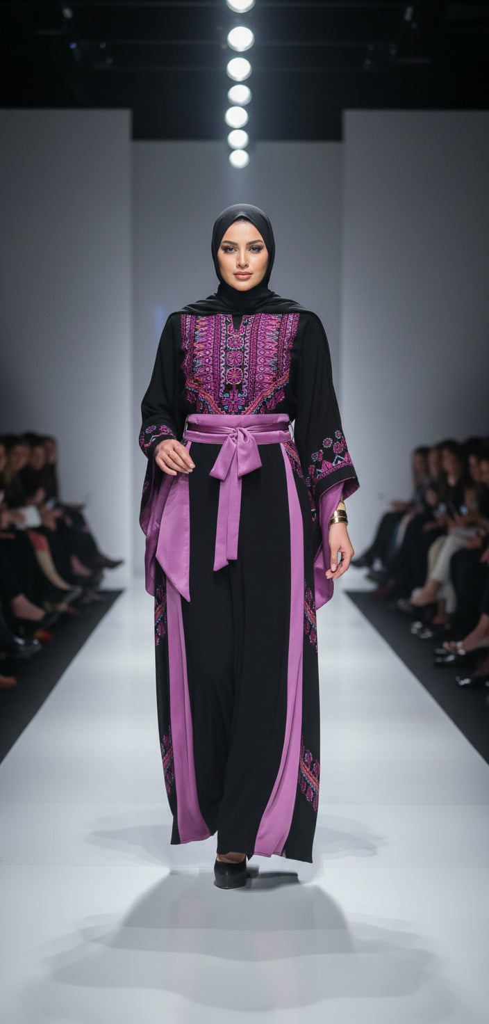 The Asia Thobe Black & Hot Pink Modern Full tatreez & Satin back and front Thobe With Matching head Veil