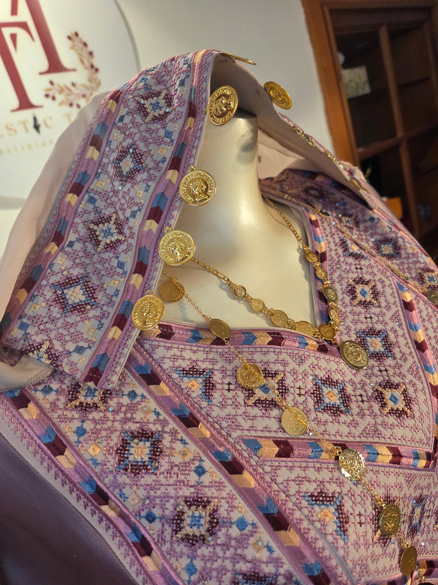 Nabuls Thobe - Lilac and Beige Traditional Full Tatreez Thobe ( No veil)