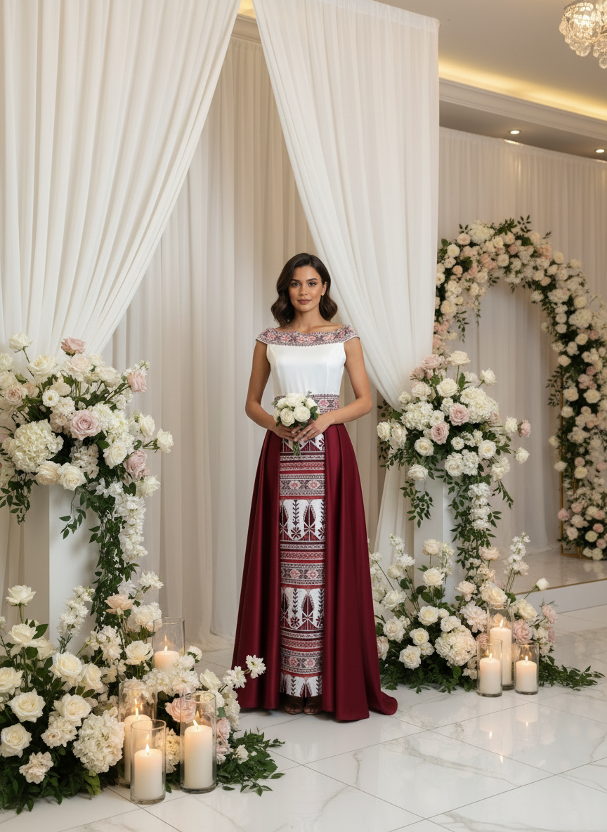 'Yaffa Thobe - Burgundy and White Bridal sleeveless Off Shoulder Long Train Thobe Dress (Embroidered Tatreez Palestinian Jordanian Thobe)