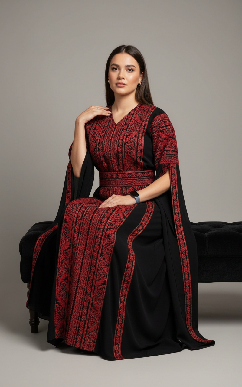 Black & Red Extra Long Sleeve Full Embroidered Palestinian Thobe (3 pieces) - Al Tulkarem Thobe
