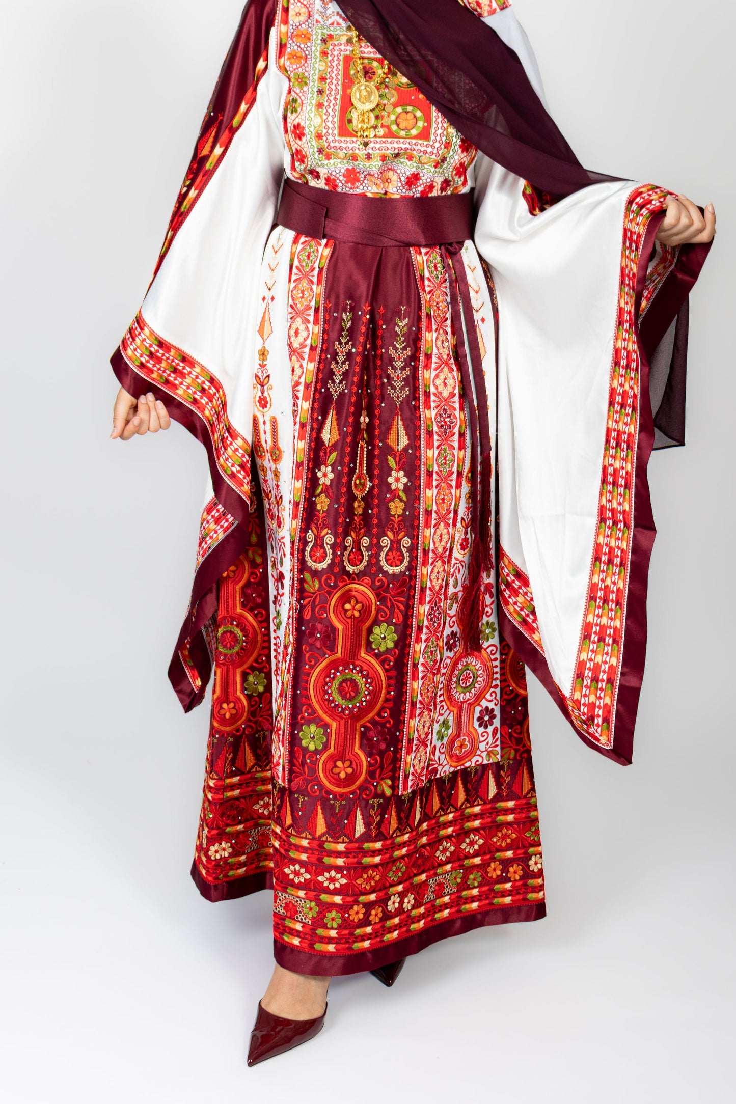 The Celine Thobe - Palestinian Embroidered White & Burgendy Thobe with Matching Head Veil, Belt & Extra Long Sleeves | Traditional Tatreez Dress