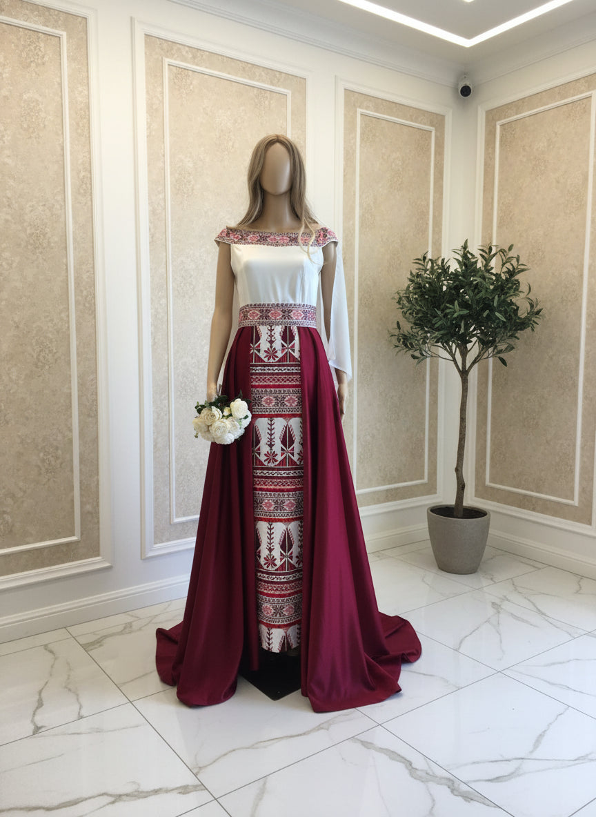 'Yaffa Thobe - Burgundy and White Bridal sleeveless Off Shoulder Long Train Thobe Dress (Embroidered Tatreez Palestinian Jordanian Thobe)