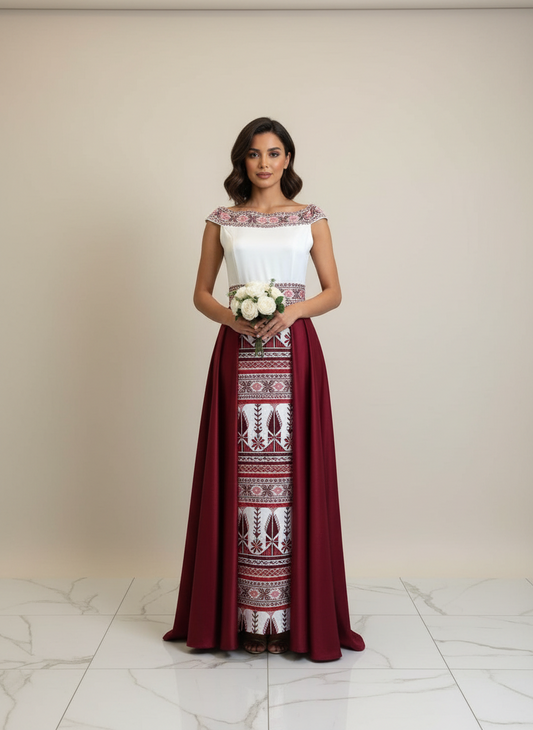 'Yaffa Thobe - Burgundy and White Bridal sleeveless Off Shoulder Long Train Thobe Dress (Embroidered Tatreez Palestinian Jordanian Thobe)