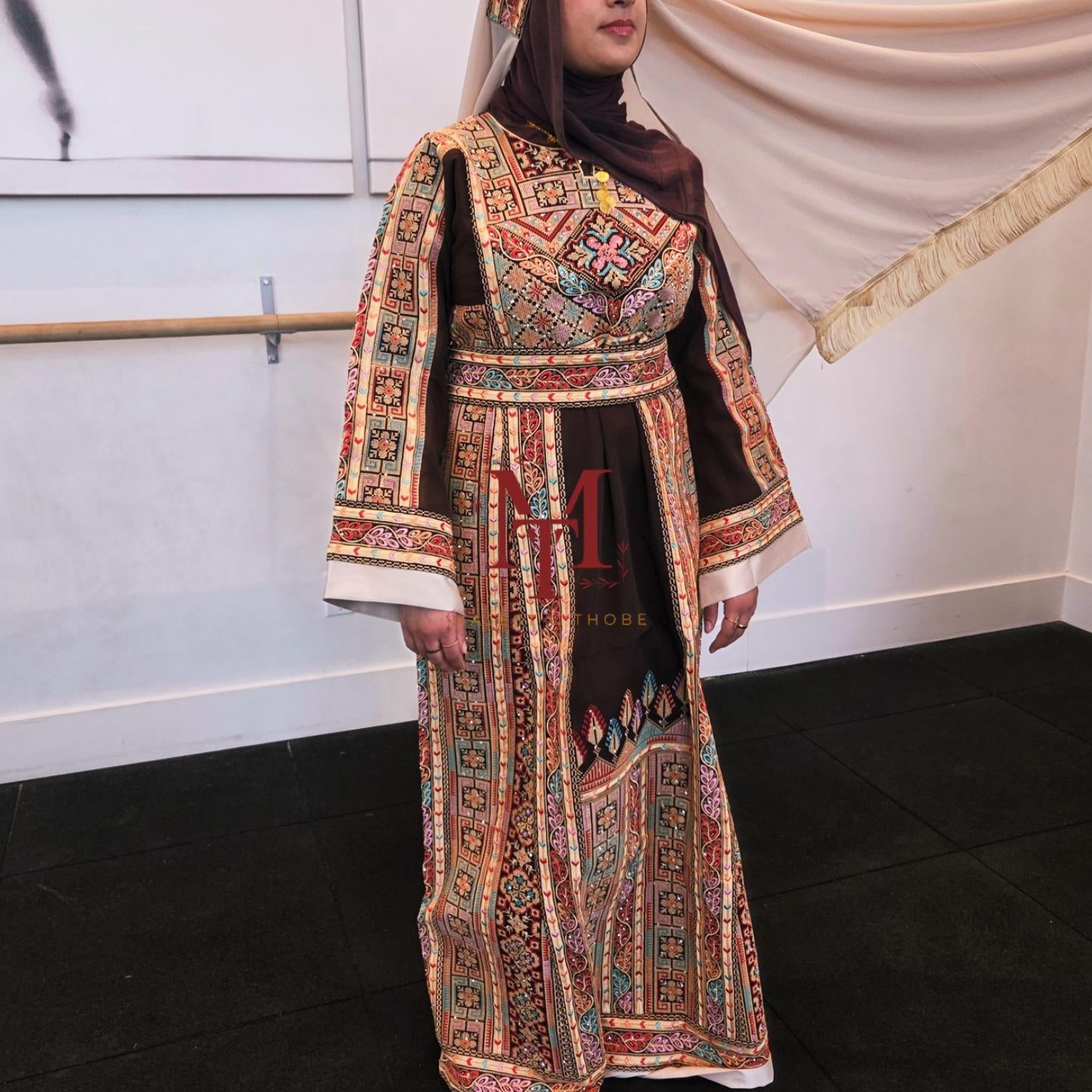 The Shaima Thobe - Brown & Beige Traditional Full Tatreez Back and Front Thobe With Matching head Veil