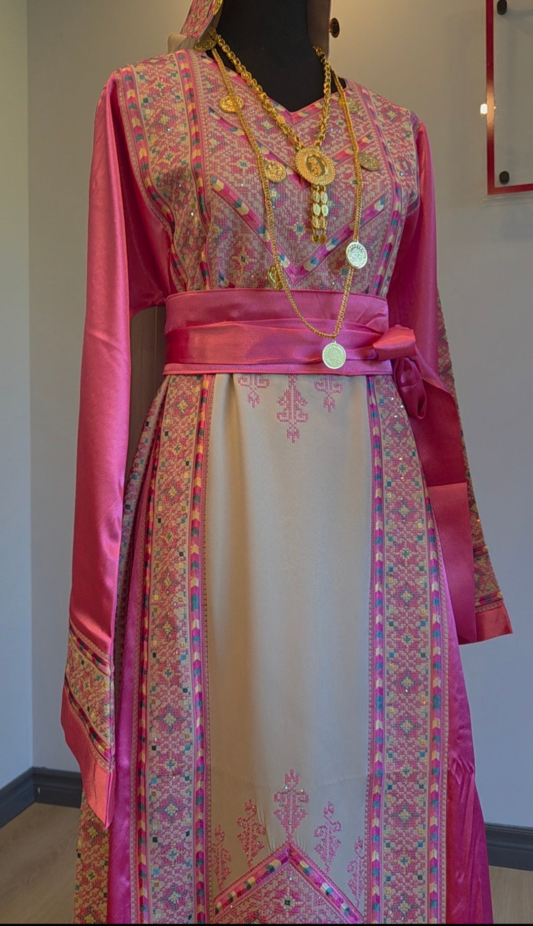 Nabuls Thobe - Hot Pink and Beige Traditional Full Tatreez Back and Front Thobe