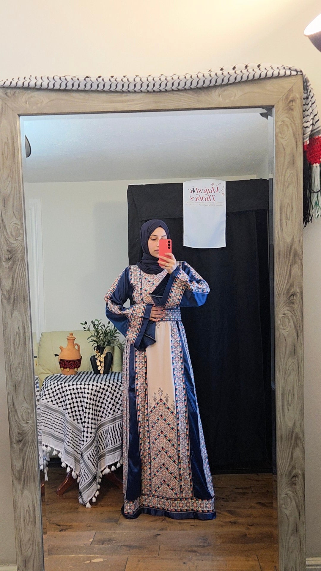 Nabuls Thobe - Navy and Beige Traditional Full tatreez back and front Thobe ( No veil)
