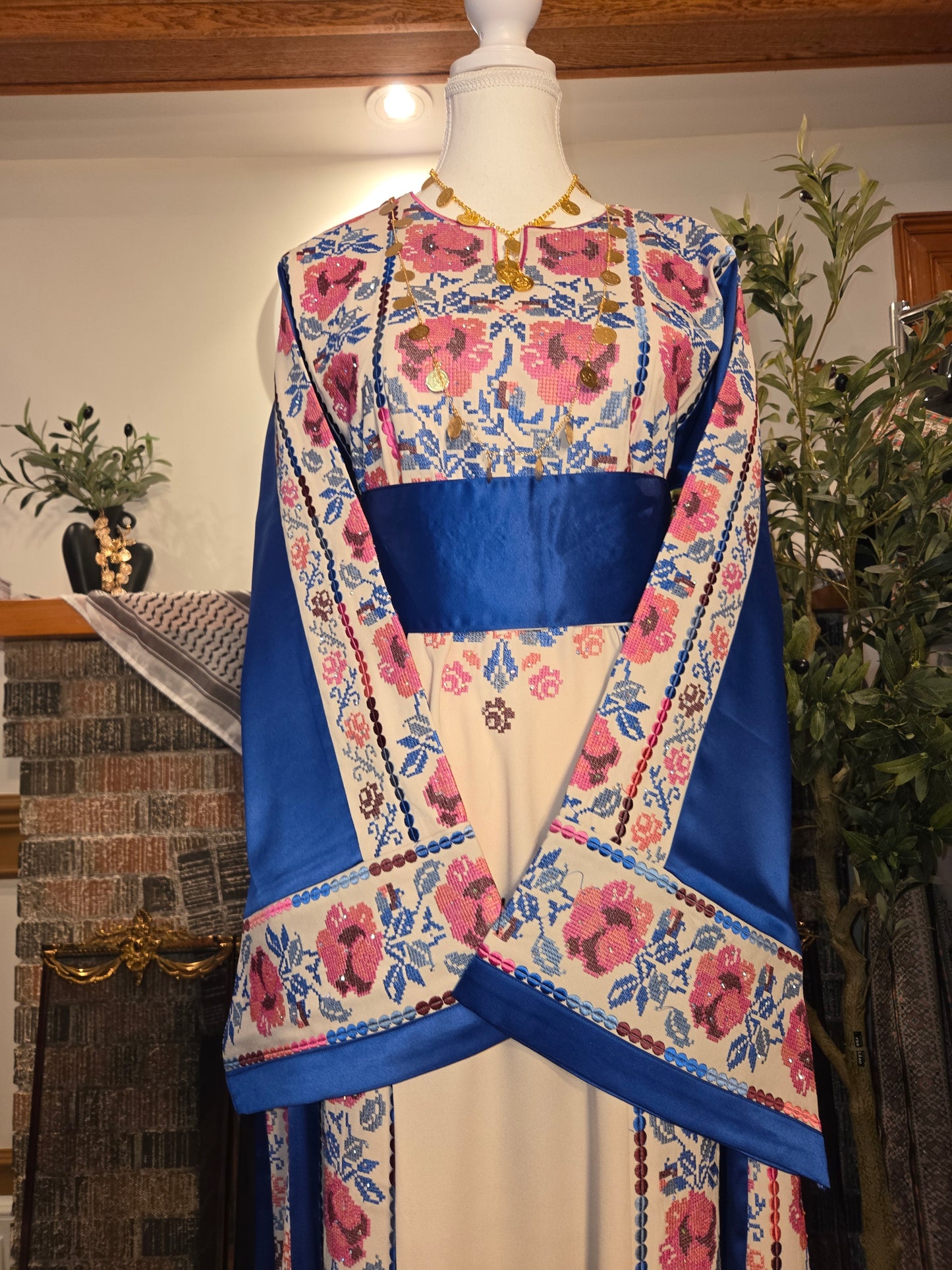 Warda Thobe - Blue & Pink Traditional Full Tatreez Back and Front With Satin Thobe